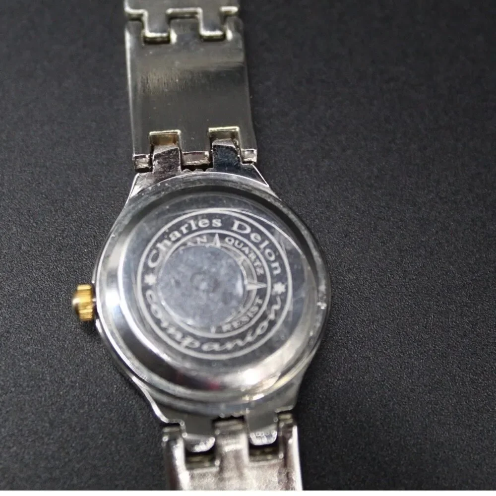 Charles Delon Black Dial Round Silver Tone Case Two Tone Band Watch New battery